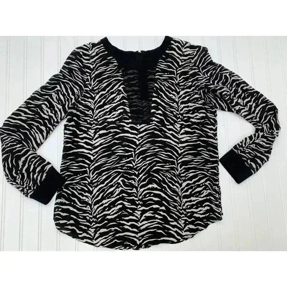 Rebecca Taylor Black White Silk Zebra Print Long Sleeve Blouse Top 10.  157